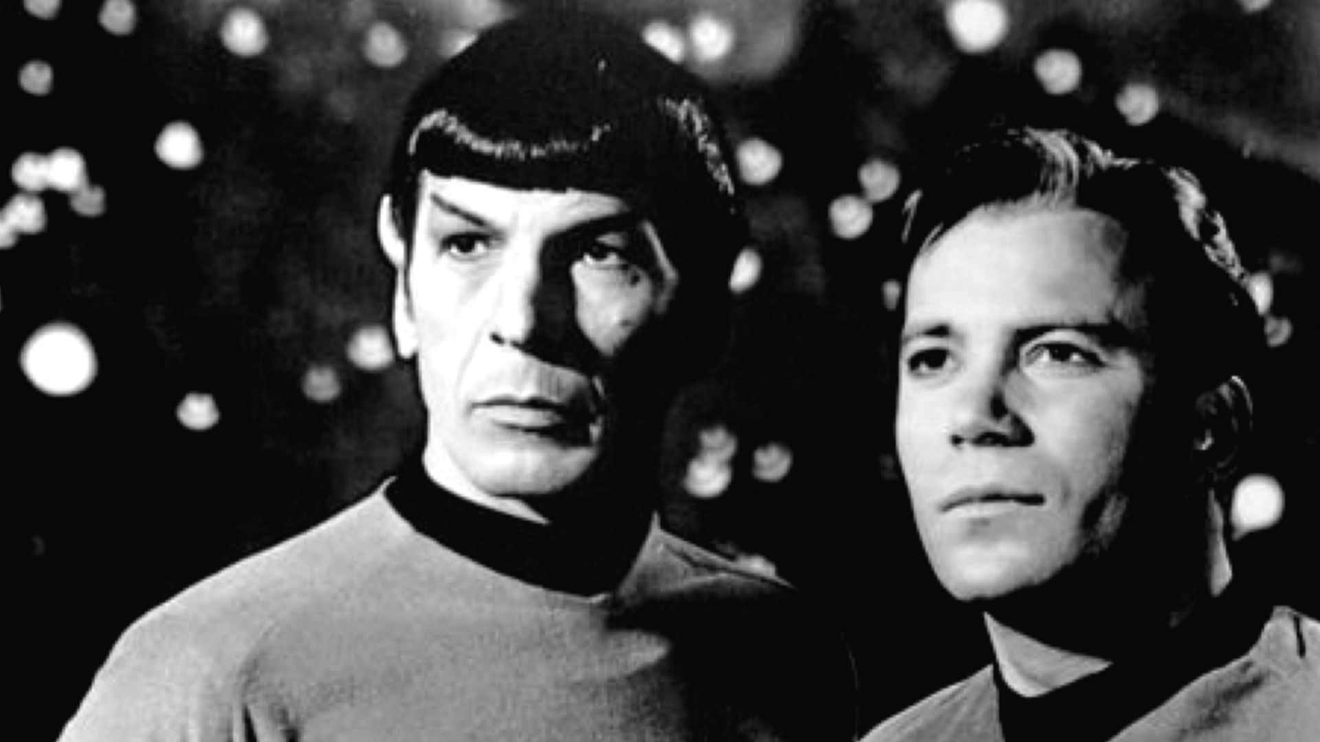 Publicity photo of Leonard Nimoy and William Shatner as Mr. Spock and Captain Kirk from the television program Star Trek.