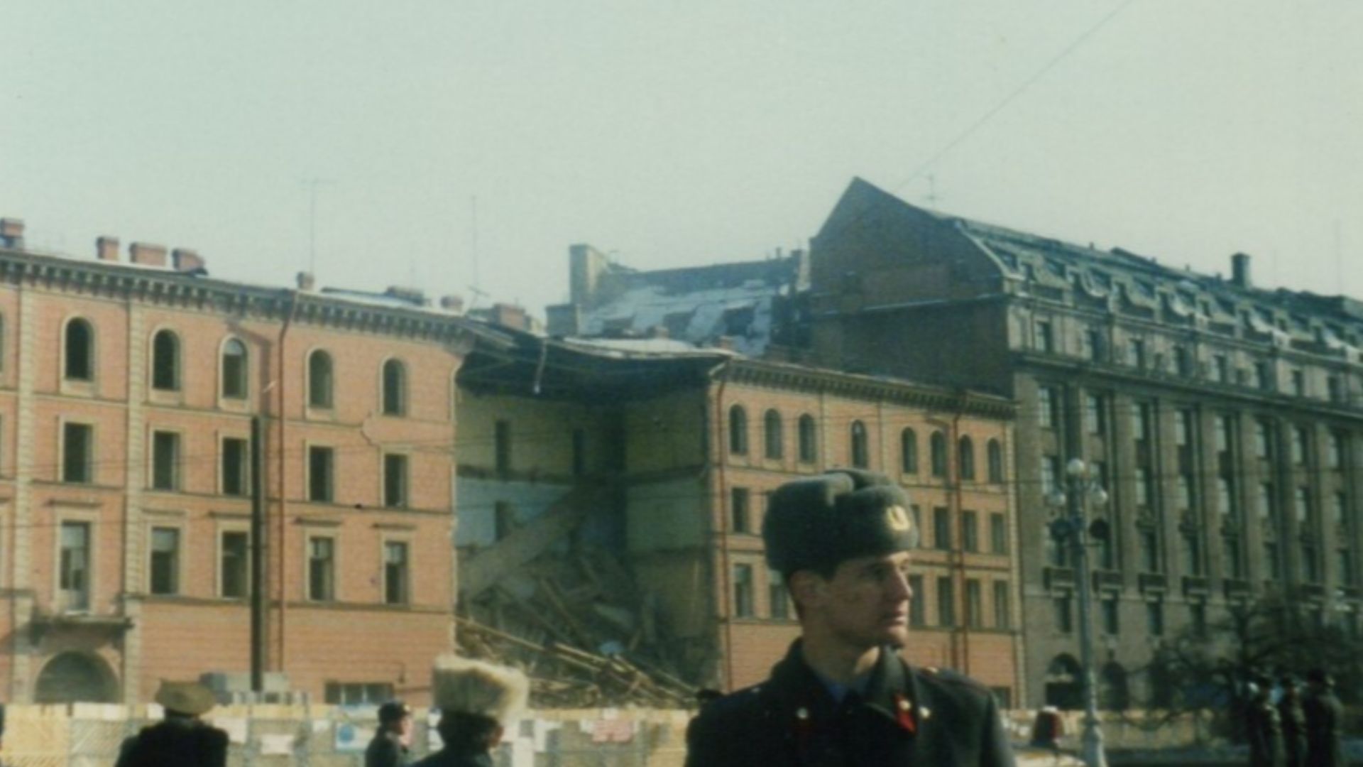 Photo taken from within passing tour bus. Protesters were out front of the Hotel Angleterre, Leningrad.