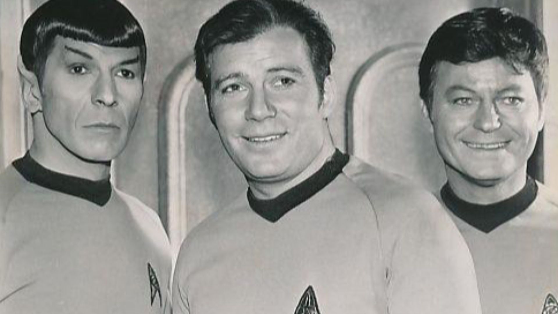 Photo of Leonard Nimoy (Spock), William Shatner (Kirk) and DeForest Kelley (McCoy) from the television program Star Trek.