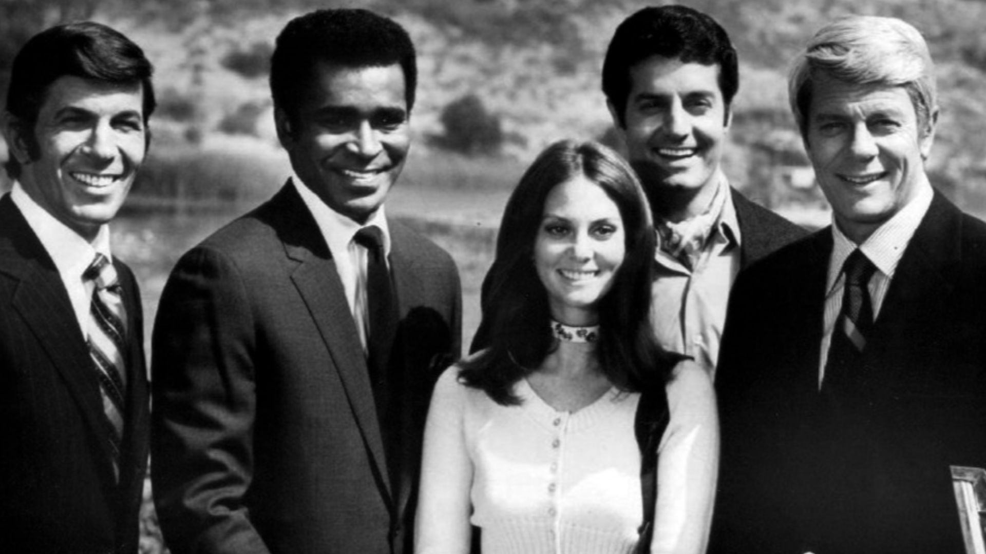Cast photo from the television program Mission: Impossible. This is the cast for its fifth season, beginning in 1970.  From left: Leonard Nimoy, Greg Morris, Lesley Anne Warren, Peter Lupus and Peter Graves.