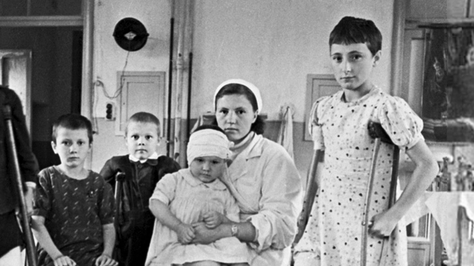 “War children”. Children crippled by Nazi shells in hospital. Russia, Leningrad Pediatric Medical Institute
