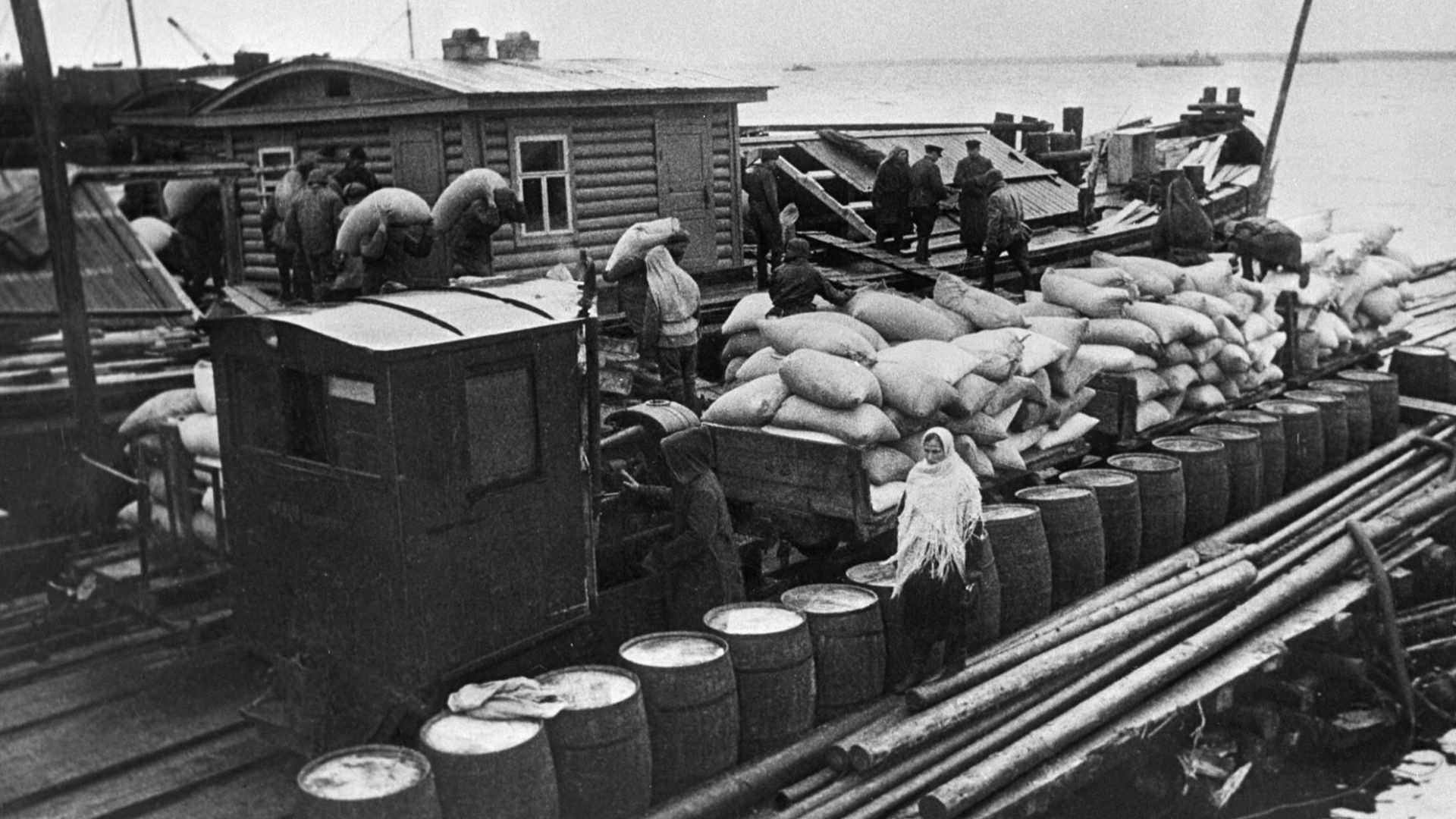“Foodstuffs for Leningrad”. Foodstuffs delivered to besieged Leningrad on a barge on Lake Ladoga.