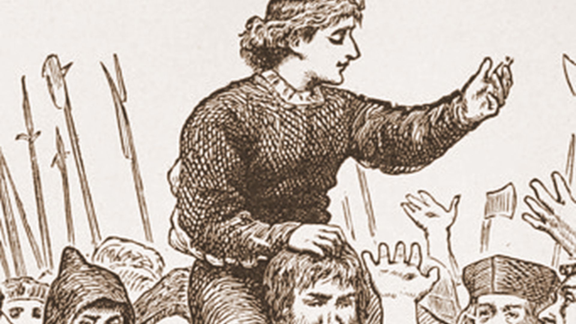 Artist’s impression of w:Lambert Simnel riding on the shoulders of supporters in Ireland