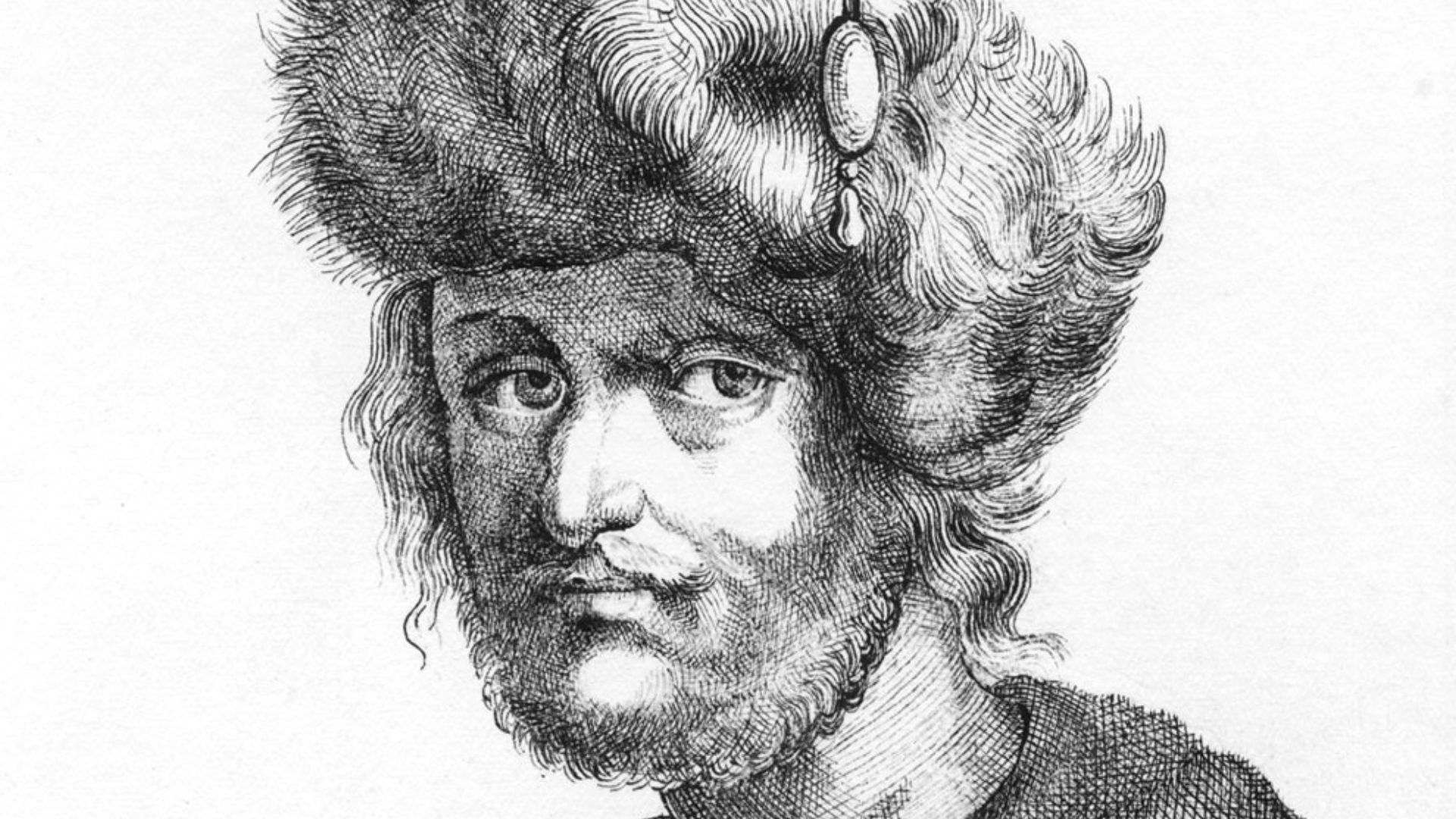 A mirror image of a 17th century engraving that originally depicted Cyrus the Great, traditionally used as a portrait of False Dmitry II