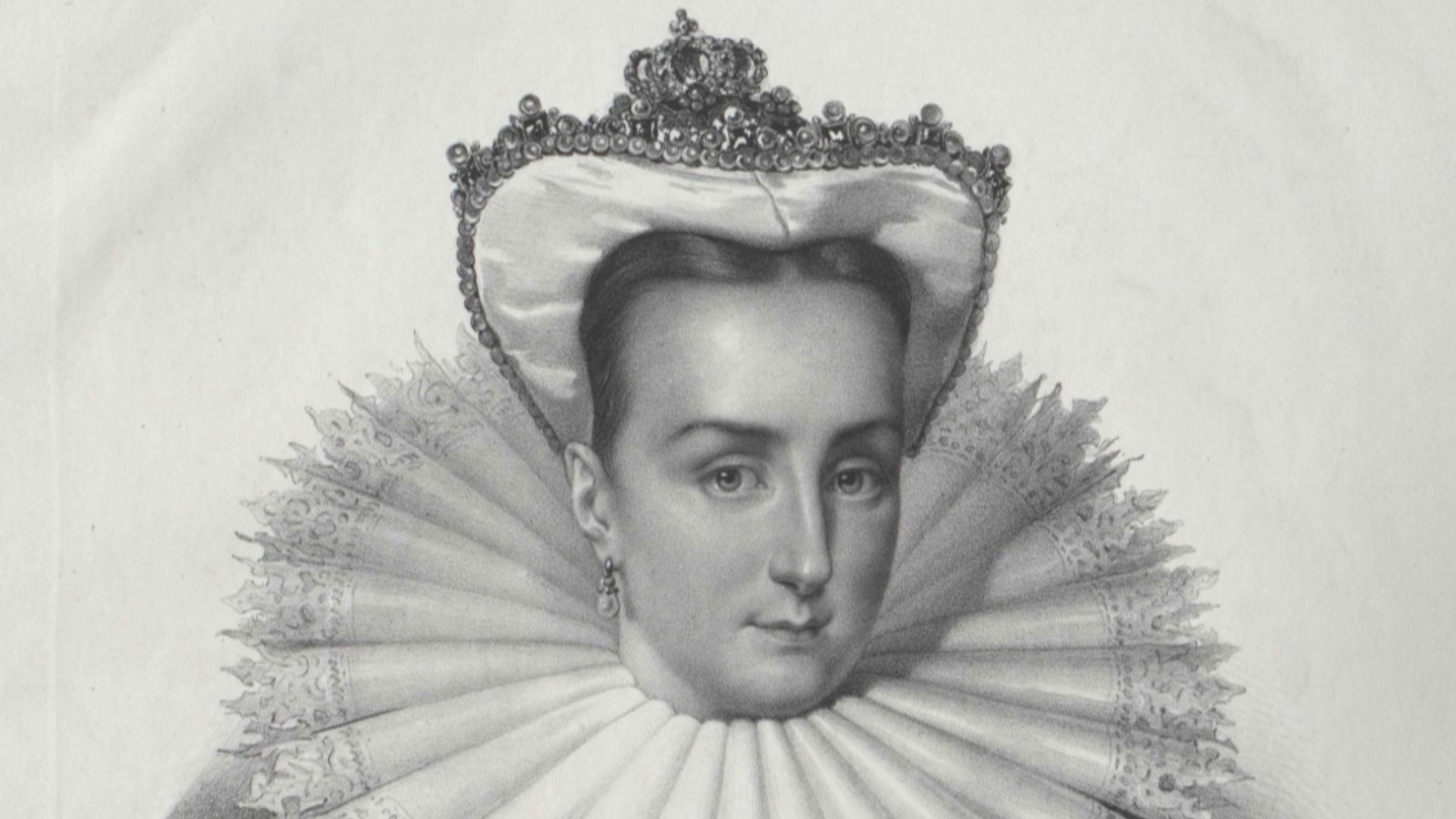 Portrait de Marine Mniszech (c. 1588-1614/5). Rare lithographie de Jean-François Villain d’après le dessin de Maurin inspiré de la gravure originale d’Antoine Olesczynski (1794-1879), milieu du XIXe siècle. 49 x 34 cm.