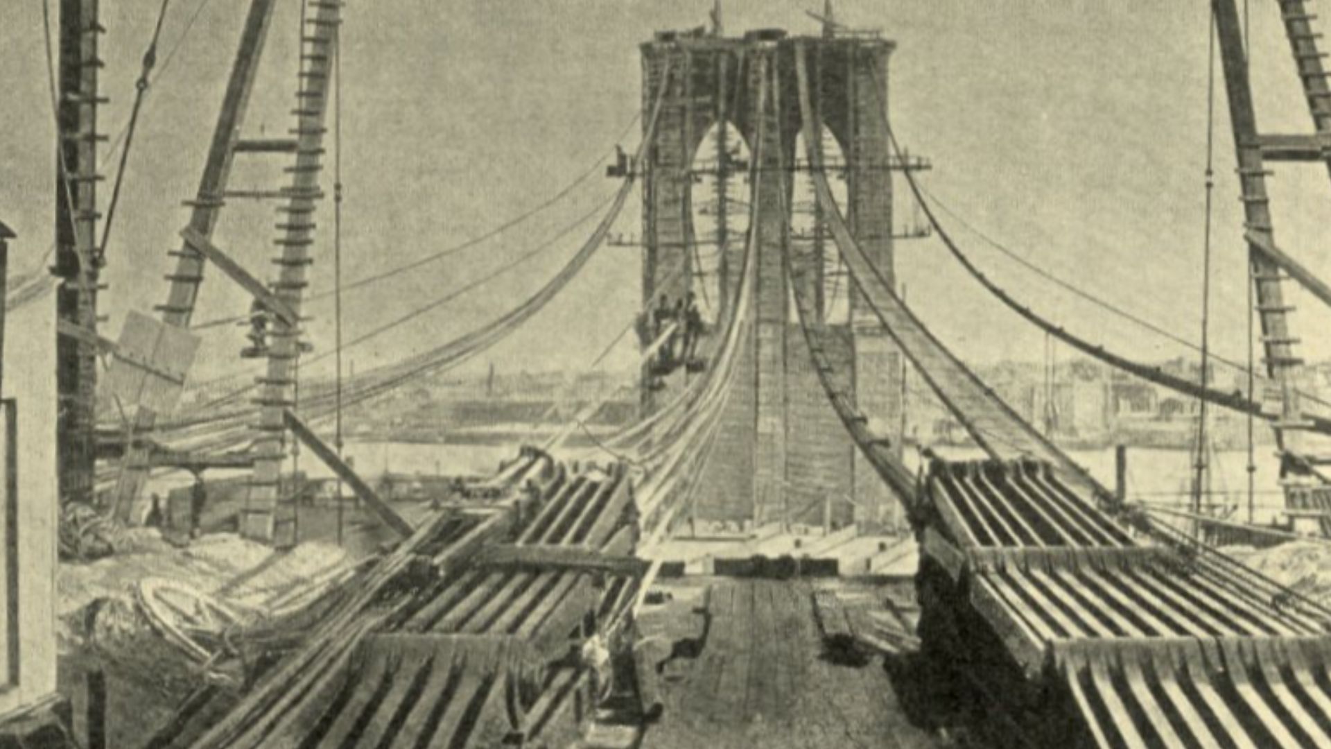 The Brooklyn Bridge linked Brooklyn with Manhattan enabling Wall Street workers to have additional options for commuting. Cables being strung in 1878. Source: [1]. Picture published before 1923.