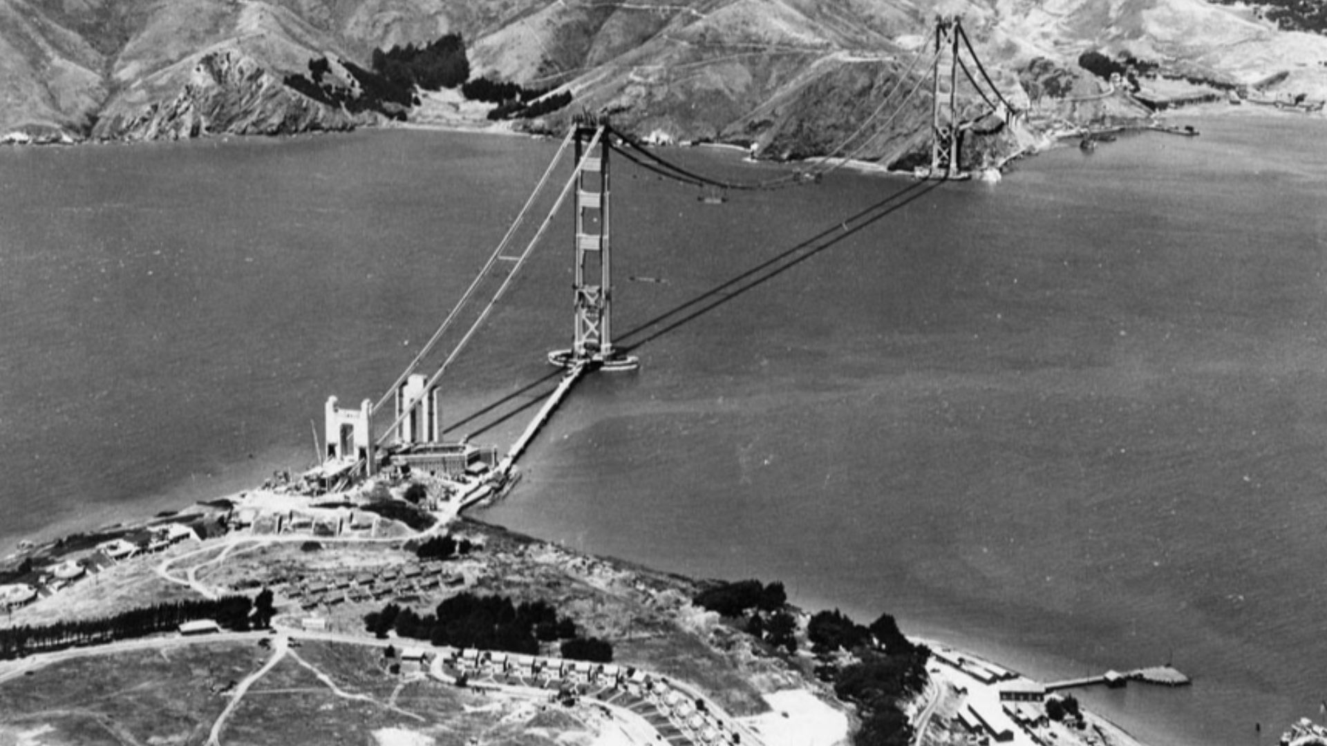The Golden Gate Bridge under construction.