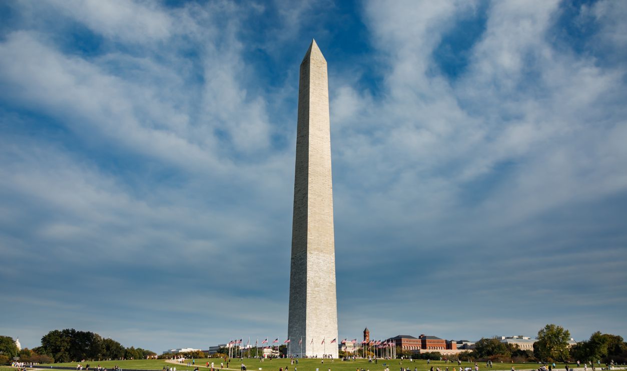 The Washington Monument, a memorial to first US President and Founding Father George Washington, located on the National Mall in Washington, DC