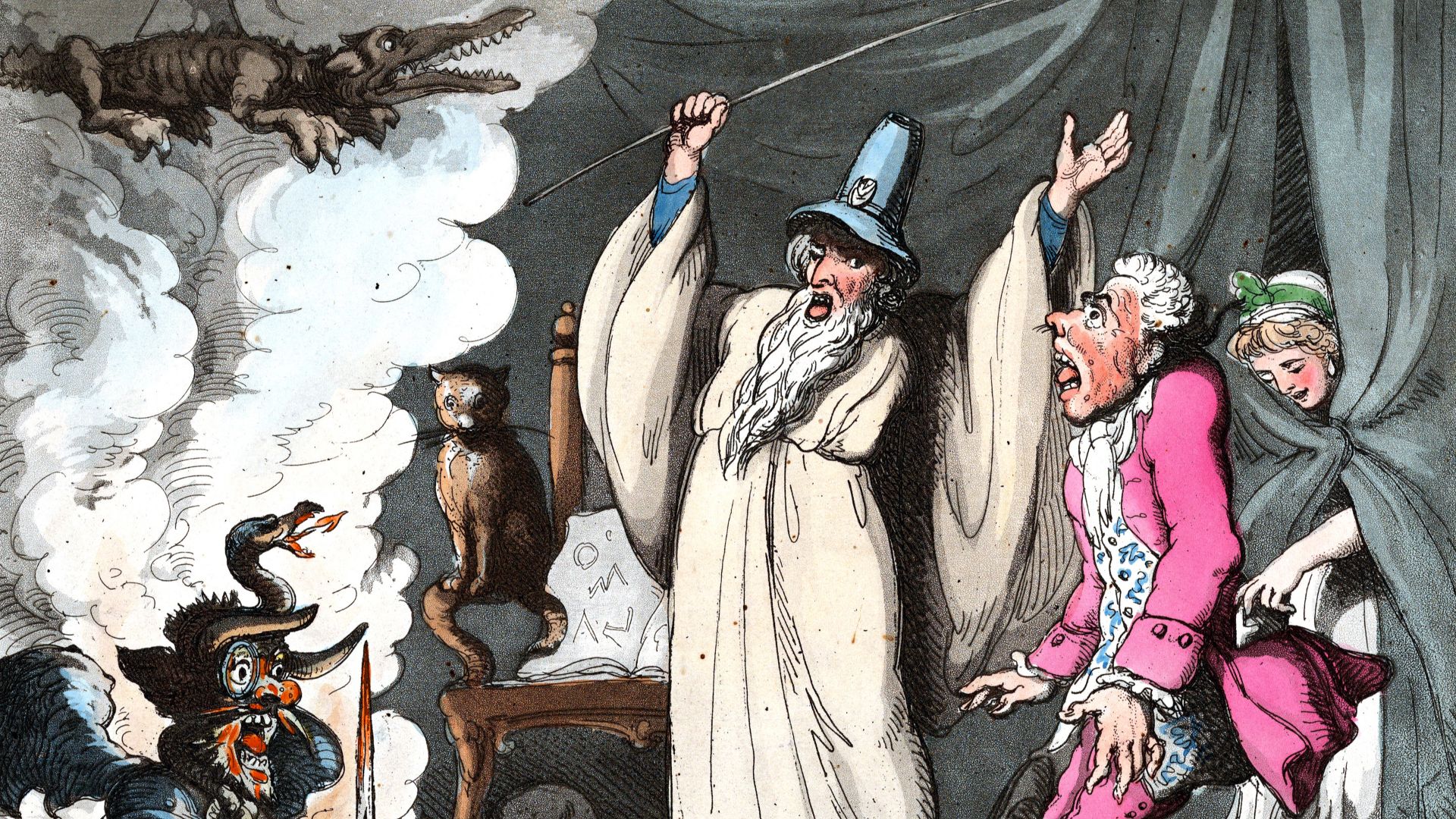 Humbugging. Or Raising the Devil, 1800, Thomas Rowlandson, aquatint, hand-colored etching. Rowlandson’s Humbugging depicts the public as a credulous simpleton being distracted by a display of “the miraculous,” the better to have his pockets picked.