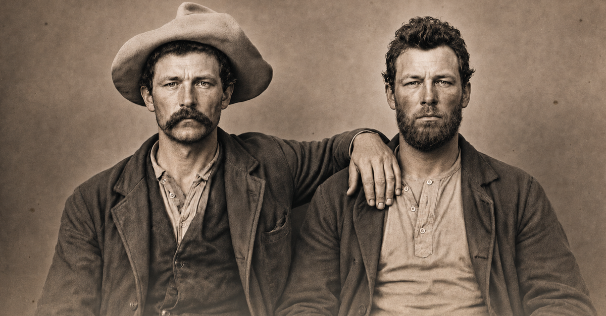 AI-generated image of two men posing together in a faded sepia-toned vintage portrait