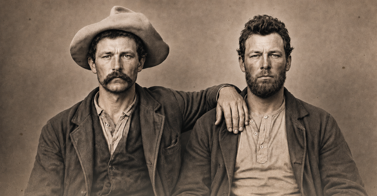 AI-generated image of two men posing together in a faded sepia-toned vintage portrait