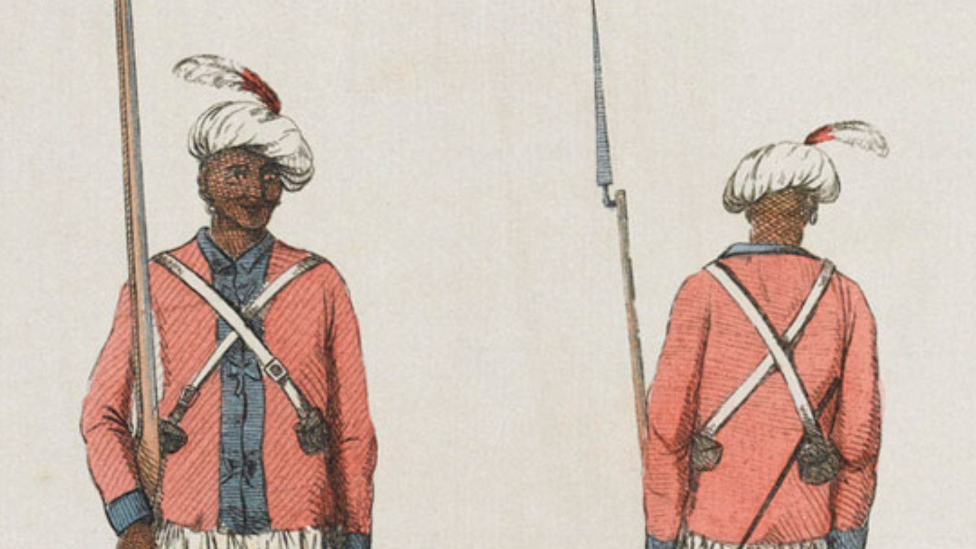 Sepoys of the 3rd Battalion at Bombay, Coloured engraving, published by Matthew Darly, 2 October 1773. The sepoys are dressed in jackets very similar to that worn by British troops, together with a turban and cholnas. The 3rd Battalion of Bombay Sepoys wa