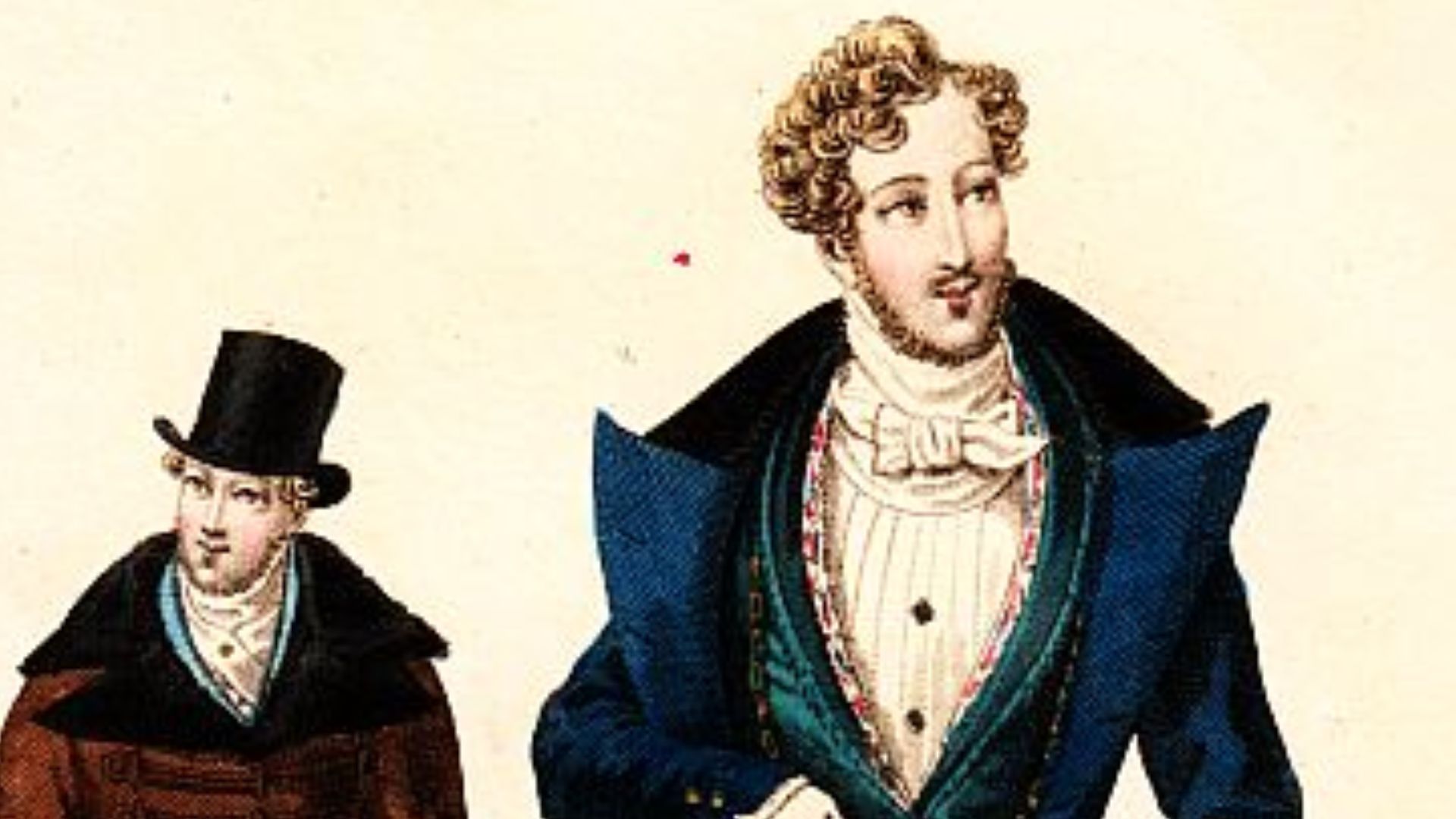 Newest Paris dandy's fashion, 1831. Redingote closed with brandebourgs, top hat. Woollen tailcoat, satin waistcoat with flowery borders, cashmere trousers (and a bicorne).