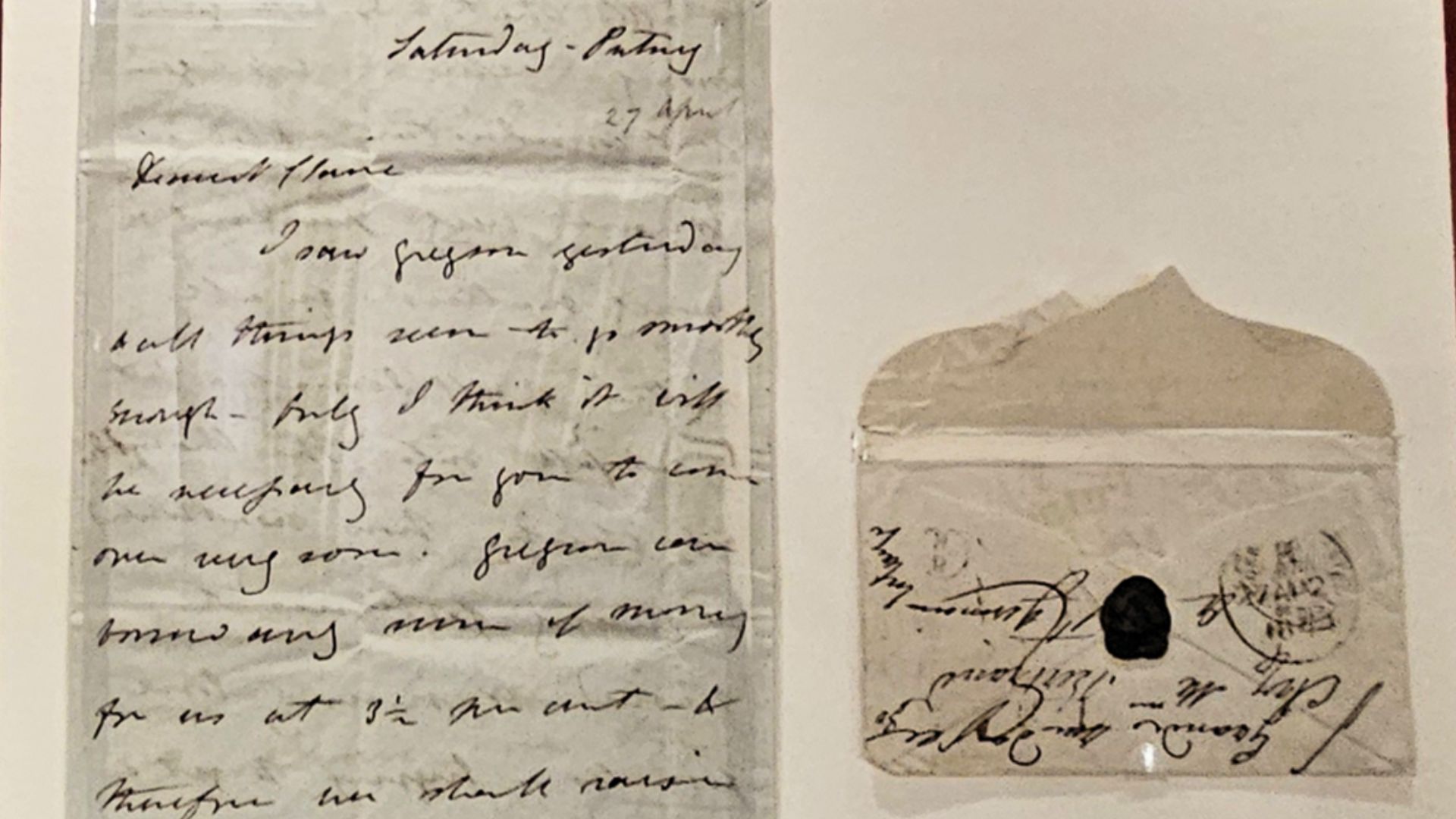 Autograph letter, signed, to Clara Mary Jane Clairmont by Mary Wollstonecraft Shelley. April 27, 1844. On display at the Huntington Library and Botanical Garden, San Marino, California, USA.