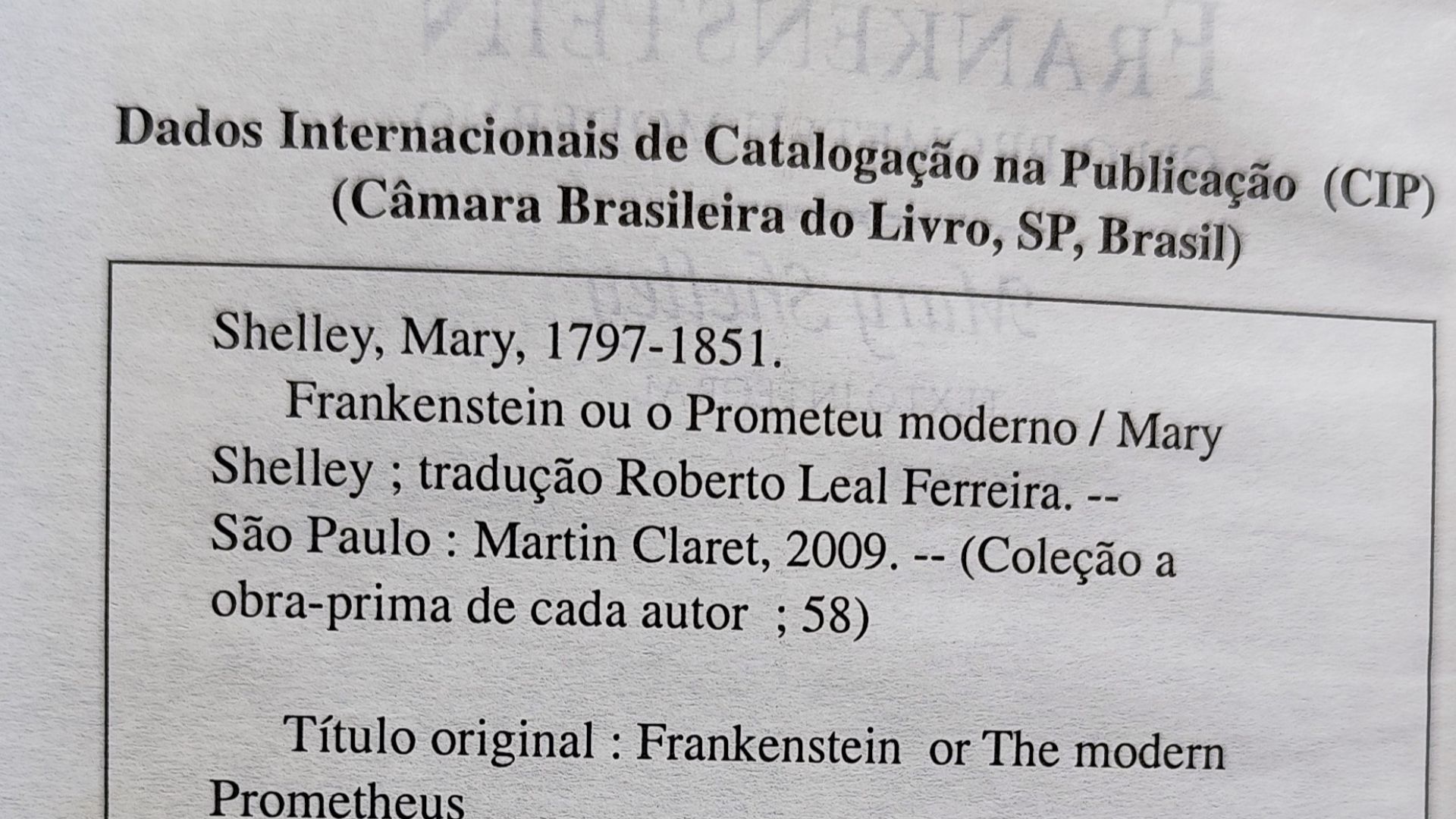 Página de créditos do livro Frankenstein de Mary Shelley, edição em português de 2009, editora Martin Claret, Tradução Roberto Leal Ferreira