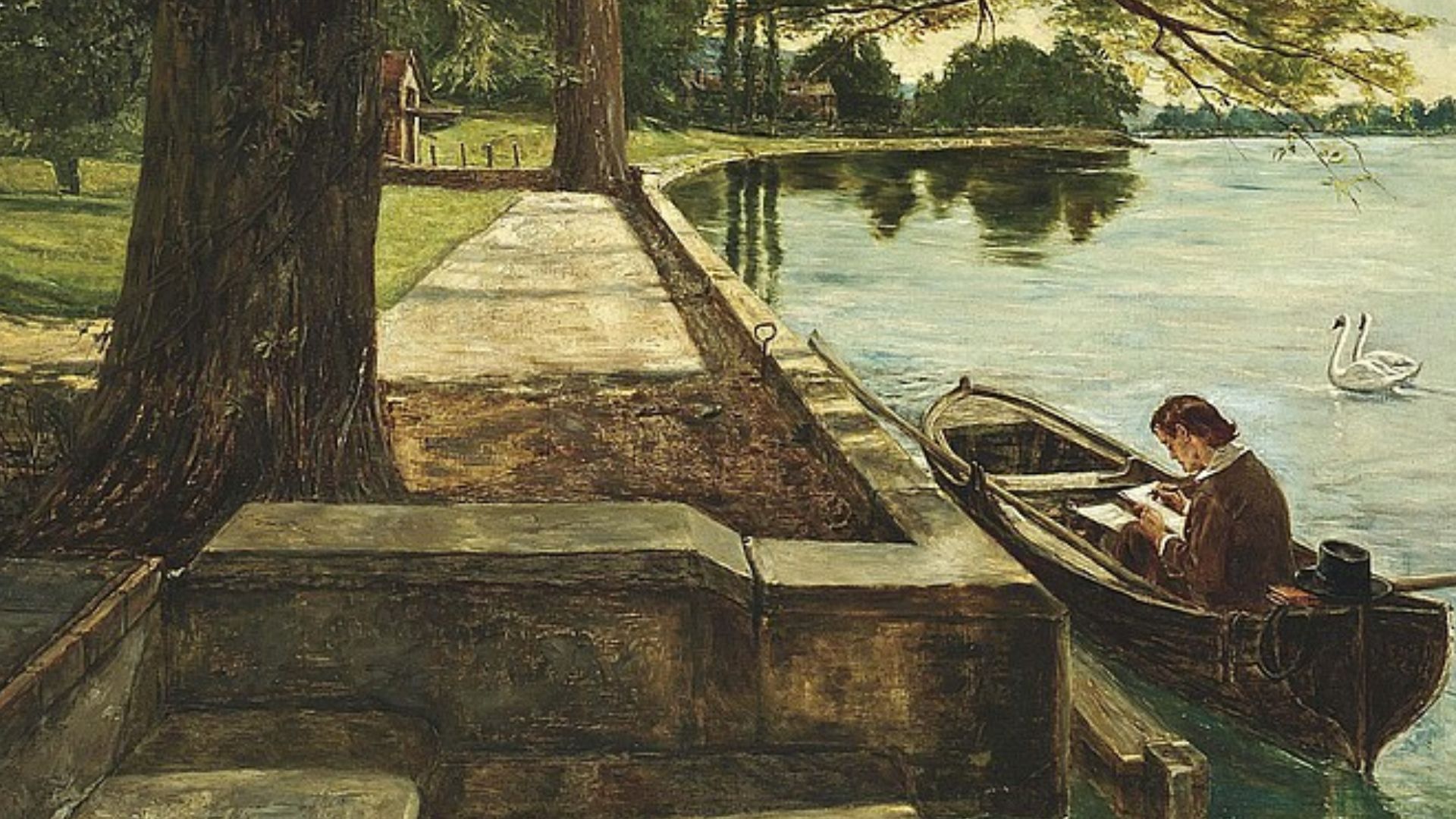 (See references) «Original caption: ‘So now my summer task is ended, etc.’ This painting was one of those remaining in Eyre Crowe’s possession at his death, and was sold for £5 15s 6d at an auction of his remaining works at Christie’s in London on 18 Mar