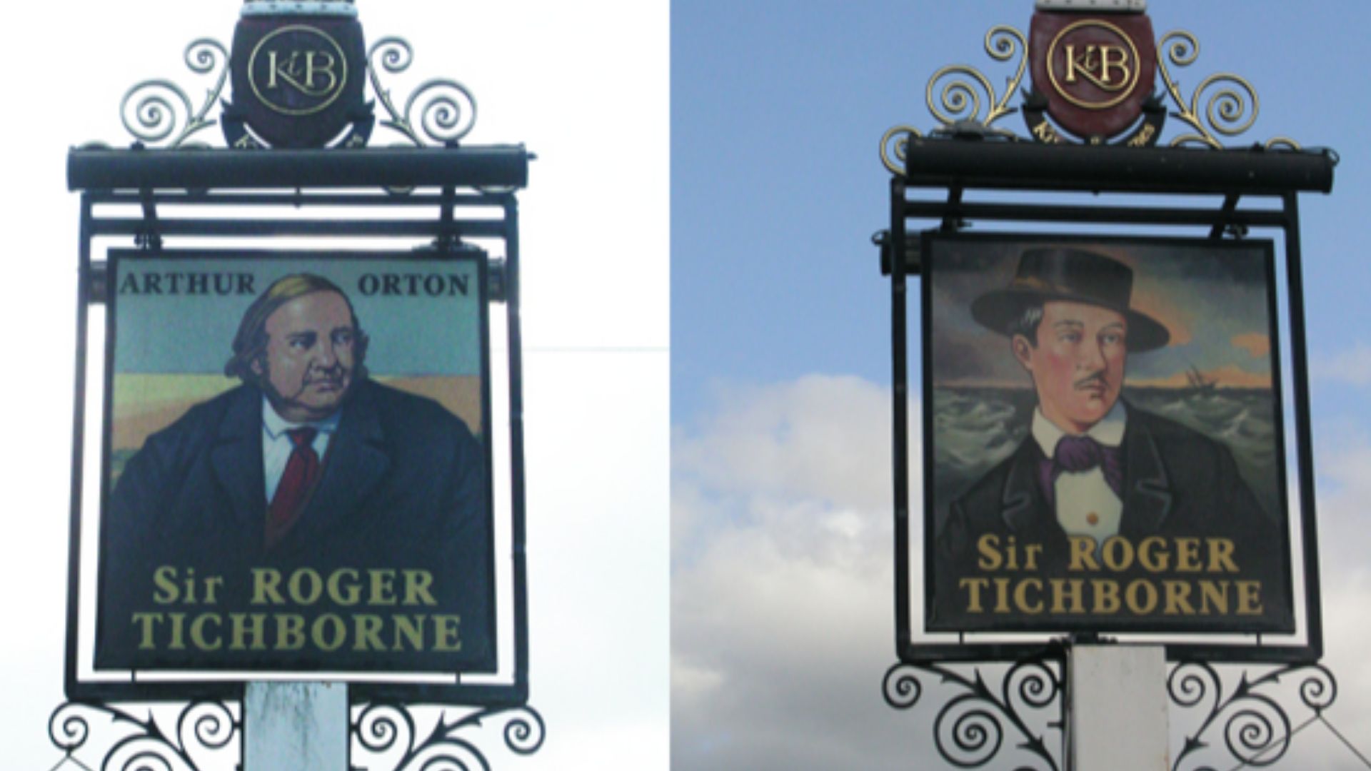 The Sir Roger Tichborne pub sign. Both sides of the sign are shown as they are significantly different.