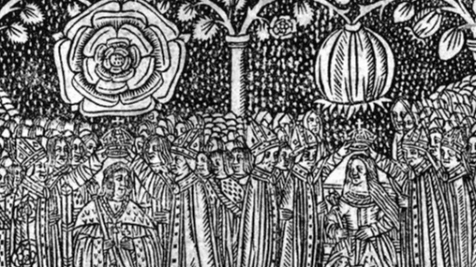 16th century woodcut of the coronation of Henry VIII of England and Catherine of Aragon showing their heraldic badges, the Tudor rose and the pomegranate.  From  Stephen Hawes, A Joyfull Medytacvon to All Englande (1509), printed Wynkyn de Worde, 4to, n.d