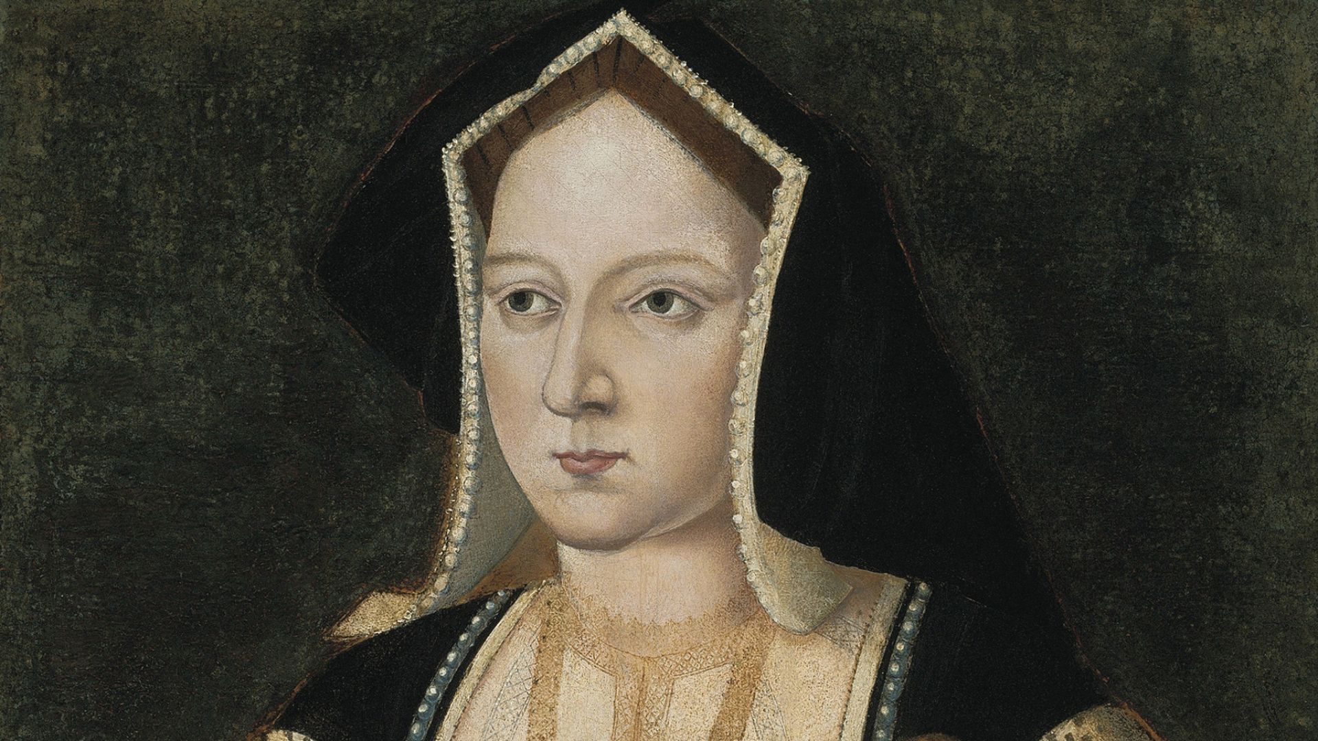 Catherine of Aragon (1485-1536), Queen consort of England (1509-1533).
This is the largest miniature of Henry VIII's first wife. Three other miniatures exist, but two are circular copies of this original; the third is believed to be a companion piece to a