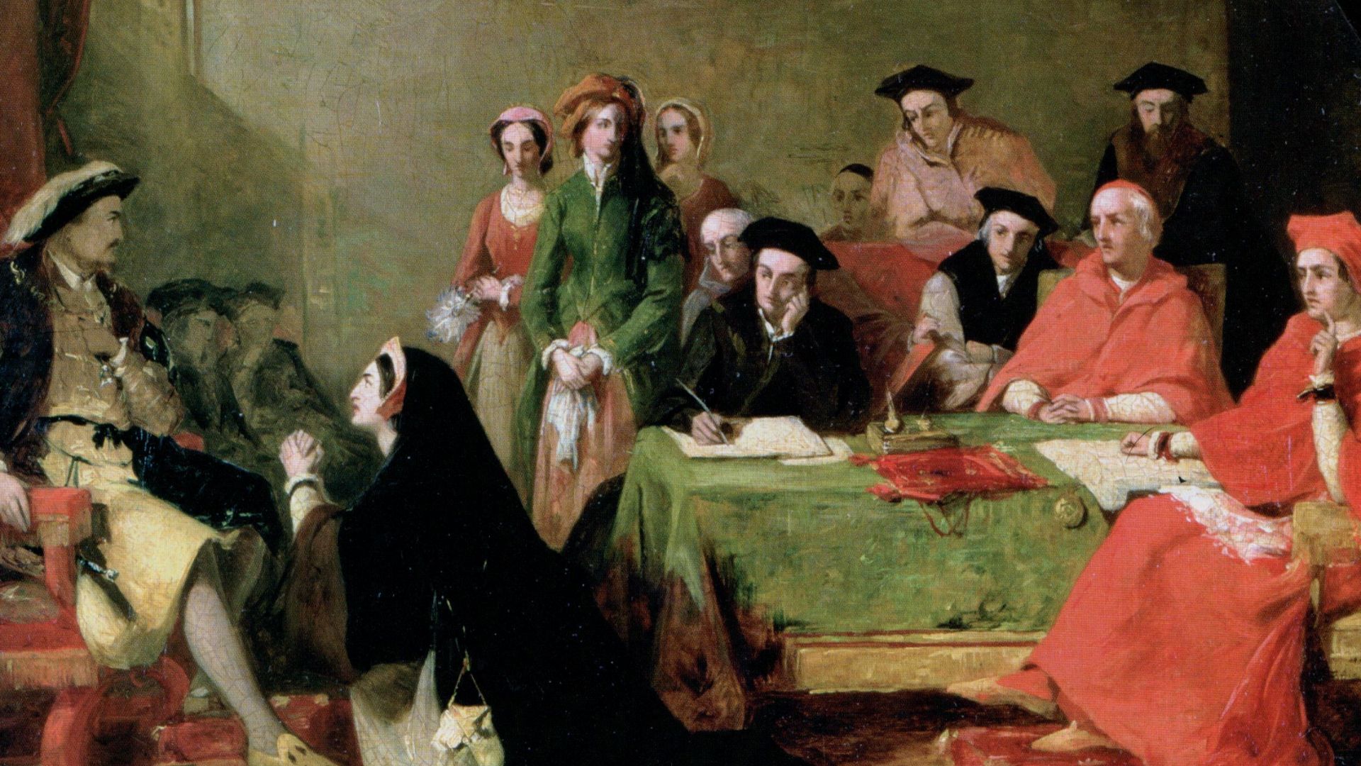 Catherine of Aragon pleads her case against divorce from Henry VIII. Painting by Henry Nelson O'Neil.