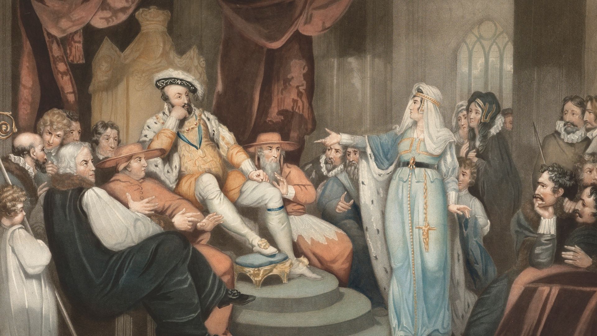 Catharine of Aragon pleading her cause before King Henry VIII. Coloured mezzotint by W. Ward, 1802, after R. Westall.

Iconographic Collections
Keywords: Henry VIII; William Ward; Richard Westall; Catherine of Aragon