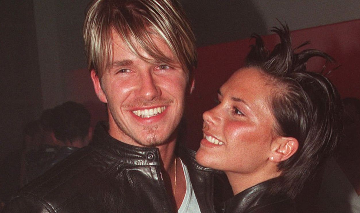 LONDON - JUNE 11: British pop star Victoria Adams and British footballer David Beckham attend the Versace store opening party in New Bond Street on June 11, 1999 in London.