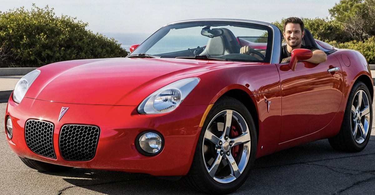 AI-generated image of a man driving a Pontiac Solstice convertible.