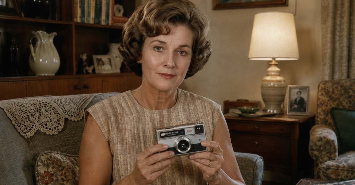 Woman holding camera in 1960s living room