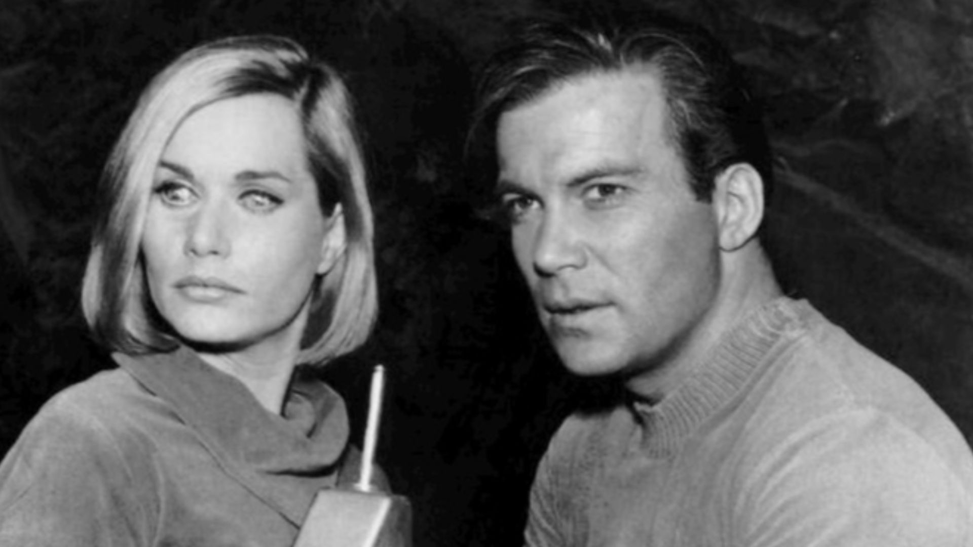 Photo of William Shatner as Captain Kirk and guest star Sally Kellerman as Elizabeth Dehner from the television program Star Trek: The Original Series.  The episode is Where No Man Has Gone Before. This type 3 2260s style phaser appears only in this episo