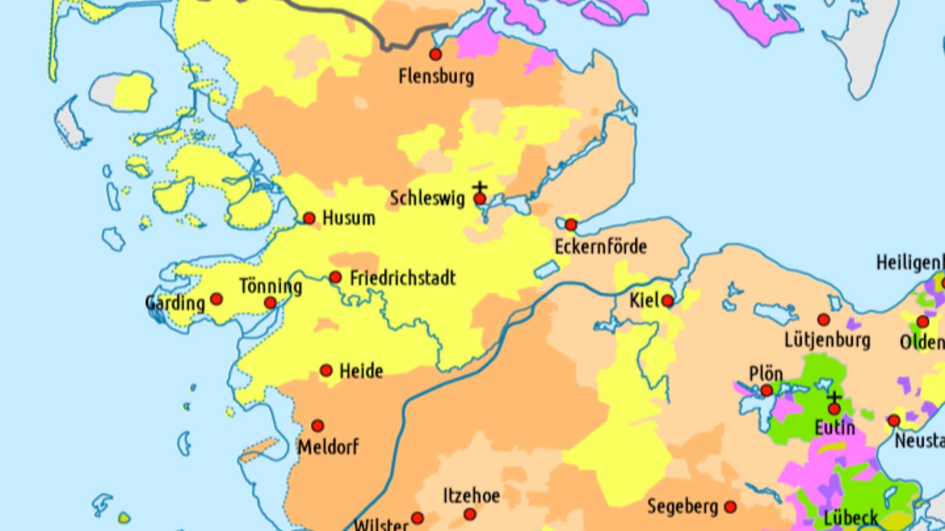 Political map of Schleswig-Holstein around 1650, with different territories color-coded and notable cities marked