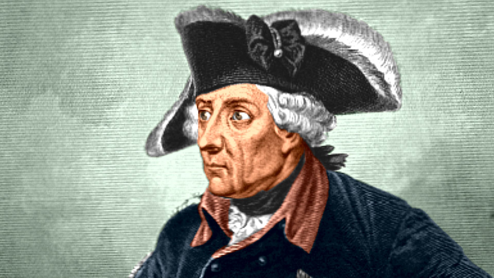 Colorized engraving of Frederick II of Prussia in Waffenrock (dress tunic). Original is an illustration by an anonymous artist from John S. C. Abbott's 1873 History of Frederick the Second, Called Frederick the Great