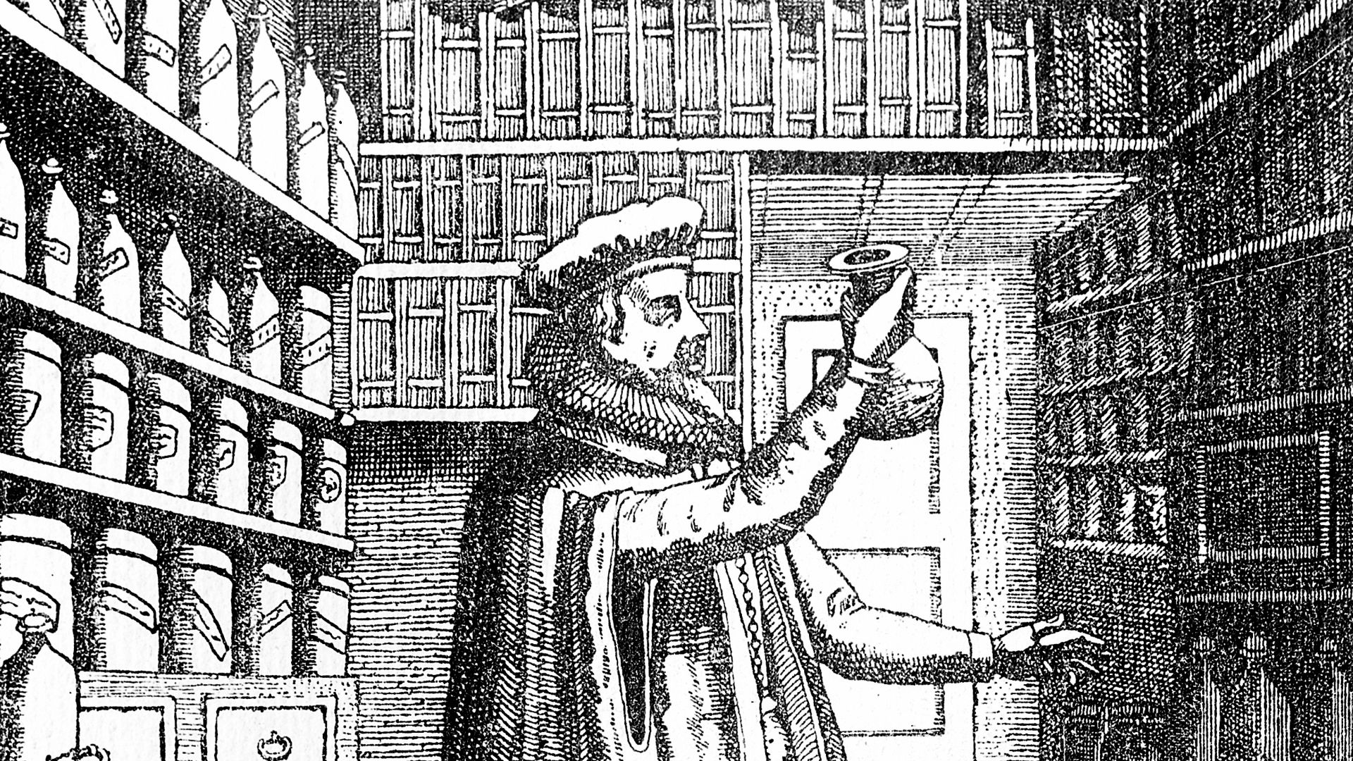 Laboratory and library of an apothecary - physician, showing books on shelves, drug jars, distilling, etc. and the proprietor examining a flask; below, verses in German.

Wellcome Images
Keywords: Physicians; Pharmacy