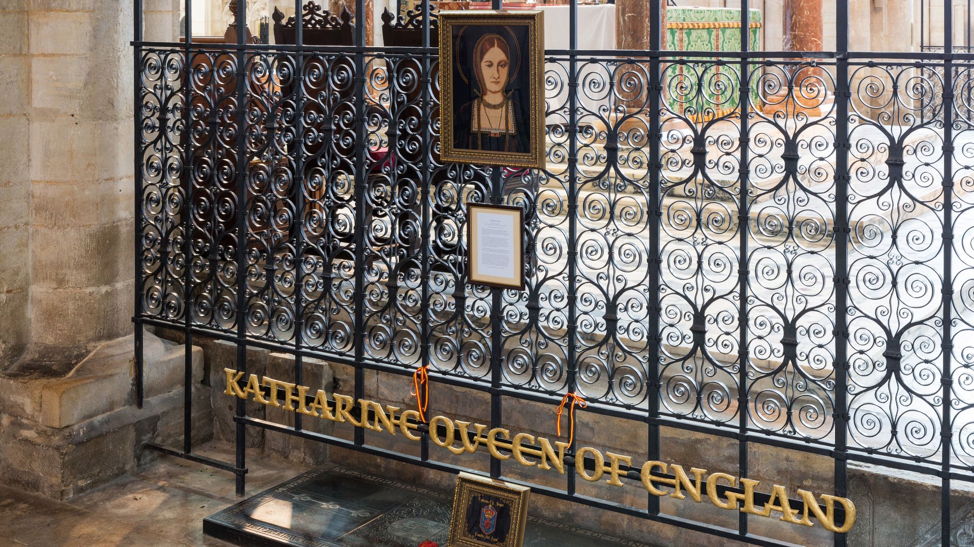 The grave of Catherine of Aragon at Peterborough Cathedral in Cambridgeshire, England.