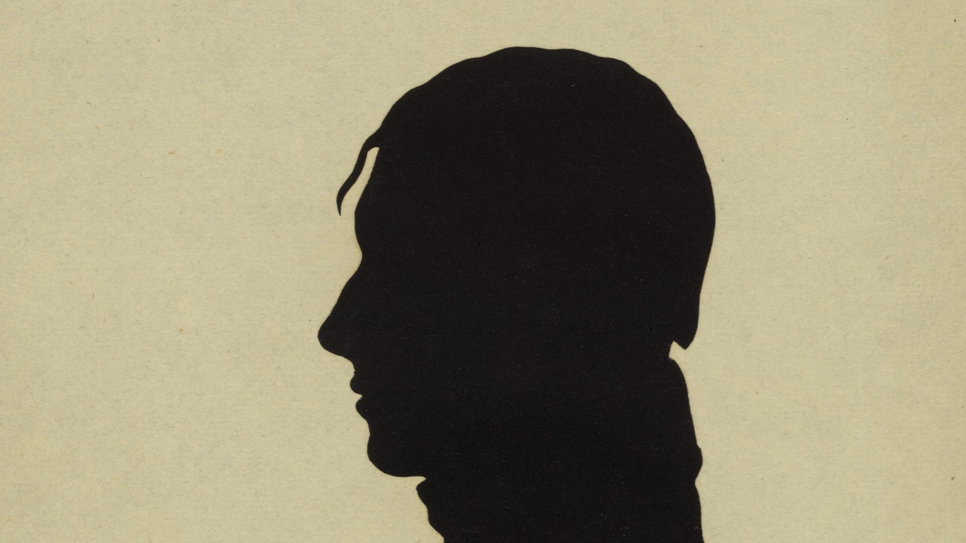 Title: Silhouette of man facing left, no. 4
Abstract/medium: 1 picture : hollow-cut white paper silhouette, mounted on black paper ; irregular image 7 x 4 cm, cut from sheet 13 x 10 cm.