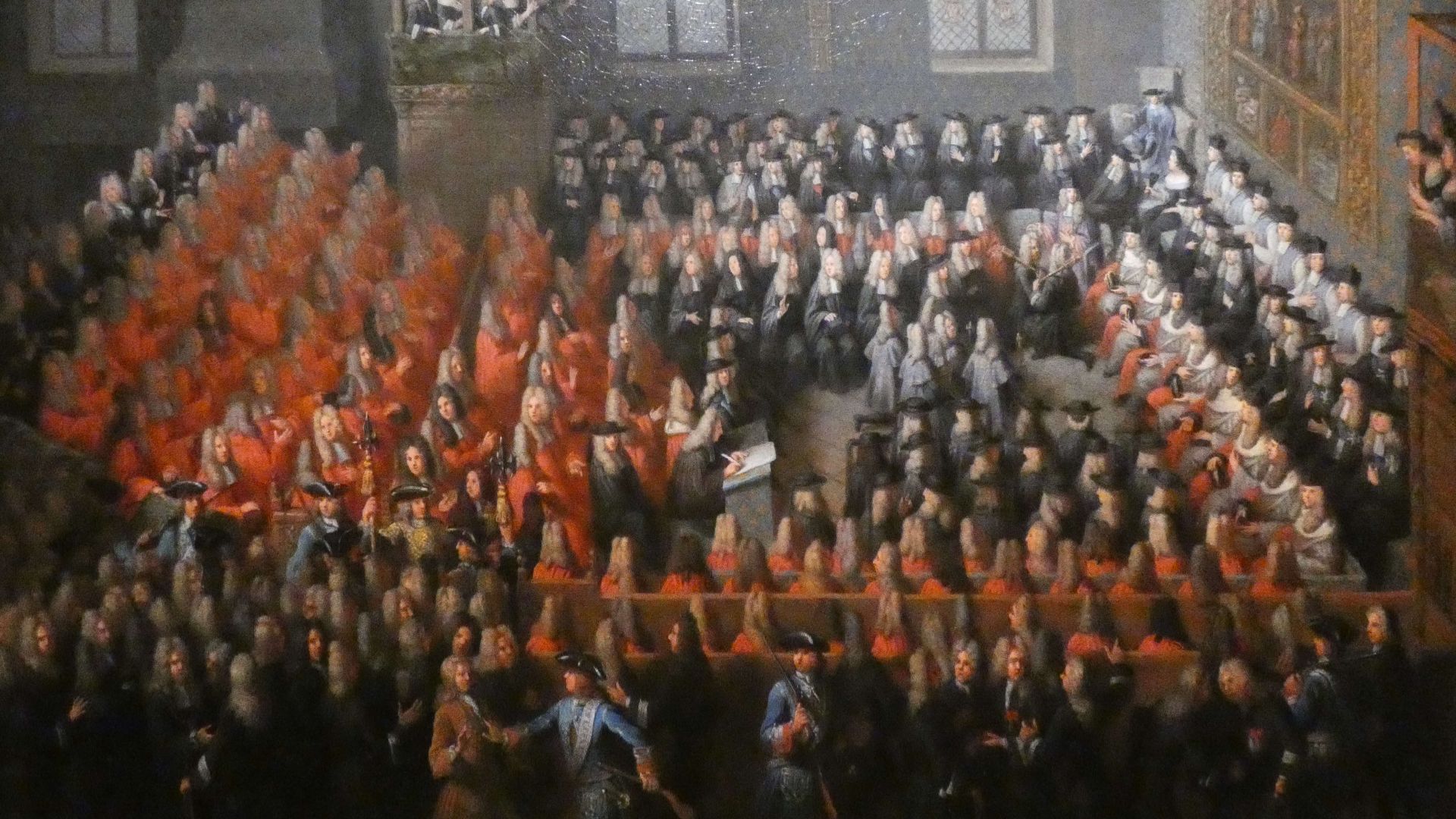 Lit de justice tenu par Louis XV enfant (dans le coin en haut à droite) au Parlement de Paris. La seule femme de l'assistance, situé à sa gauche, est sa gouvernante la duchesse de Ventadour.