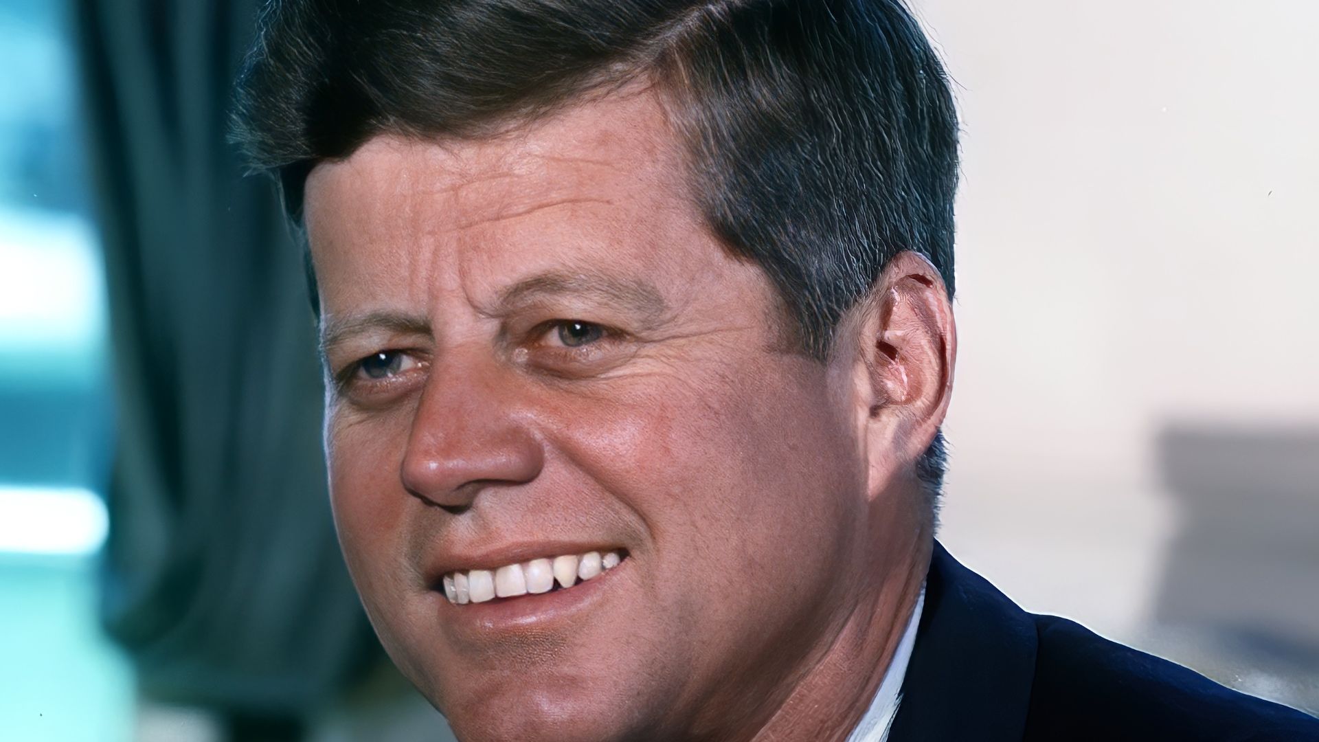 John F. Kennedy, White House color photo portrait (Remini enhanced)