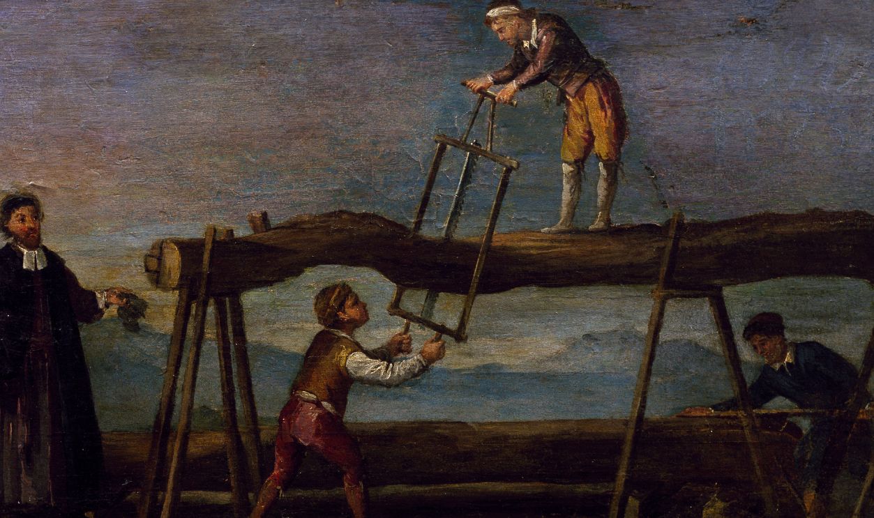 ITALY - DECEMBER 10: Signboard of the Guild of wood sawing. Italy, 17th century.