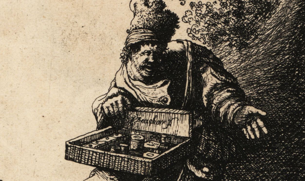 17th century Dutch itinerant pedlar with straw box of wares seated by a roadside. Engraver's signature on lid of open box. Copperplate engraving by David Deuchar after an original by Jan van Vliet after Rembrandt from A Collection of Etchings after the most Eminent Masters of the Dutch and Flemish Schools, Edinburgh, 1803. 