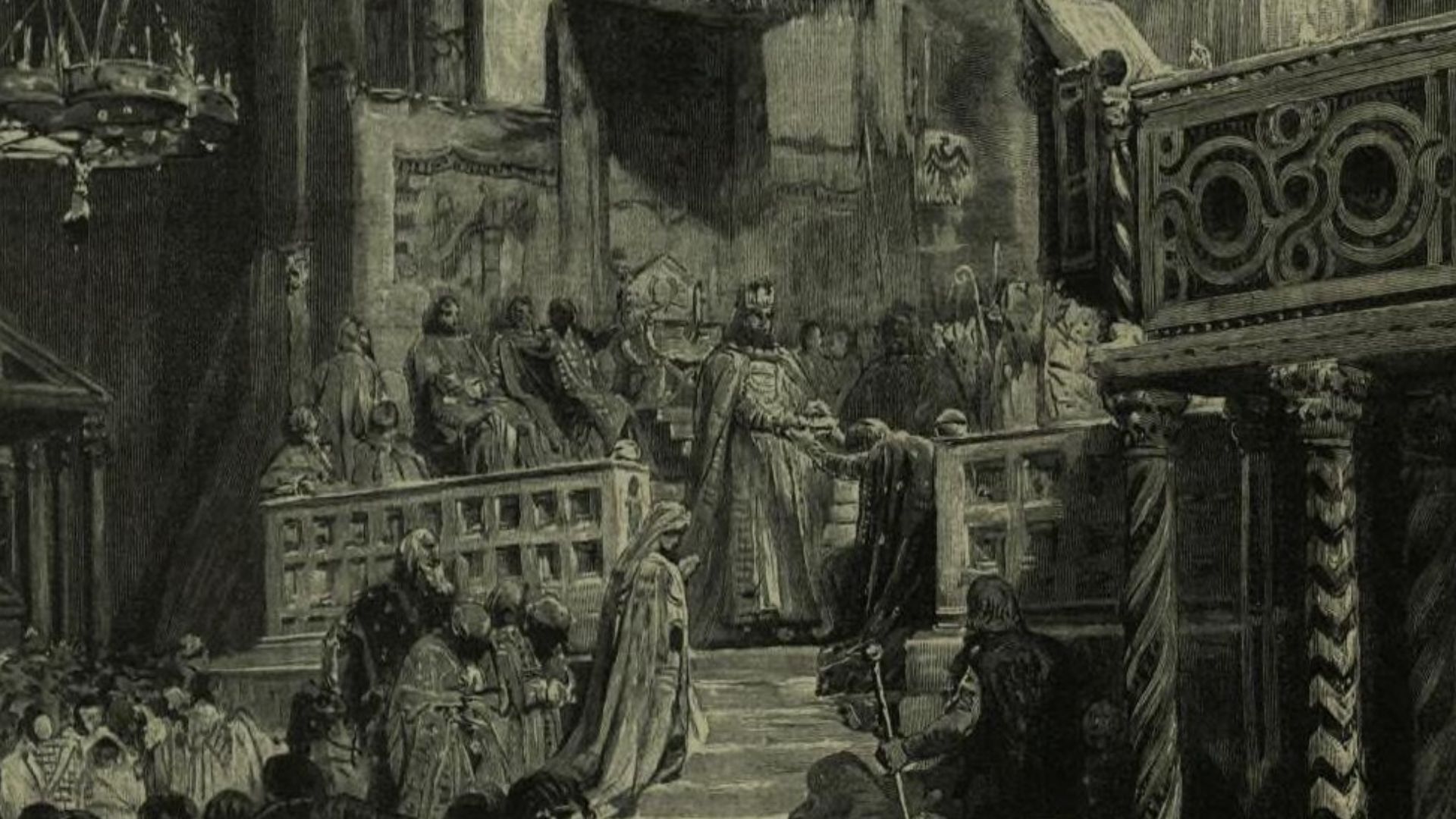 Lodovico Pogliaghi - William III of Sicily, ceding the crown to Henry VI, Holy Roman Emperor, Palermo, 1194