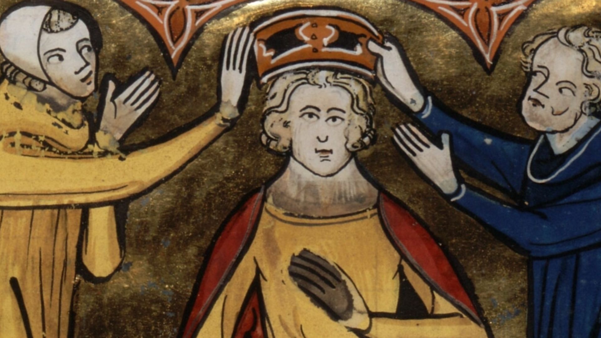 Coronation of Conrad IV [Manuscript illumination]. In Li rommans de Godefroy de Buillon et de Salehadin et de tous lez autres roys qui ont esté outre mer jusques a saint Loys qui darrenierement y fu (Français 22495, fol. 285v). Bibliothèque nationale de F