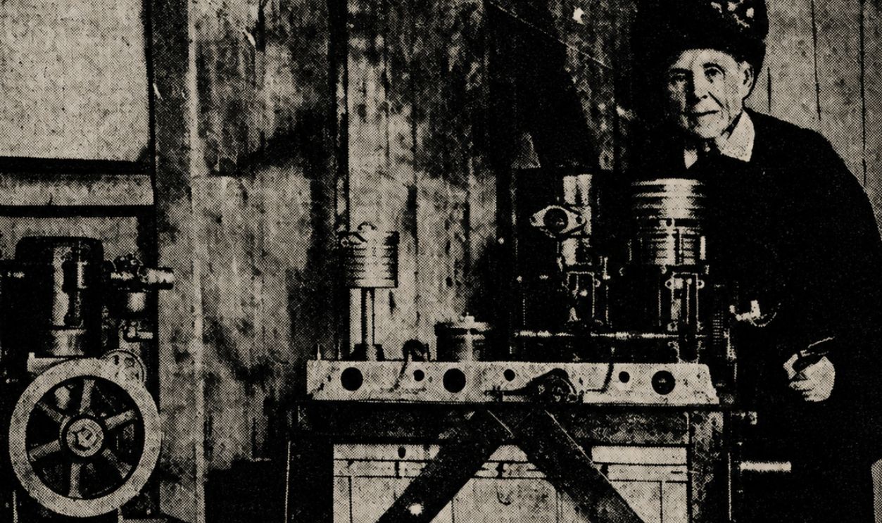 A scanned photograph from a newspaper, with accompanying title above ("First Woman Granted an American Patent Is Still at Work on Ingenious Inventions") and caption below ("MISS MARGARET E. KNIGHT AT WORK IN HER EXPERIMENTING ROOM.") 