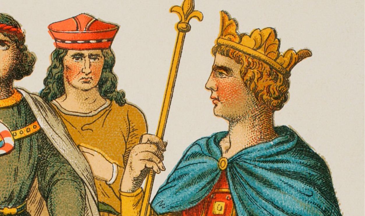 History of Germany, 1200, (1881). From left to right, 14-15-16: Counts, 17: Frederick II, Holy Roman Emperor, (1194-1250). From