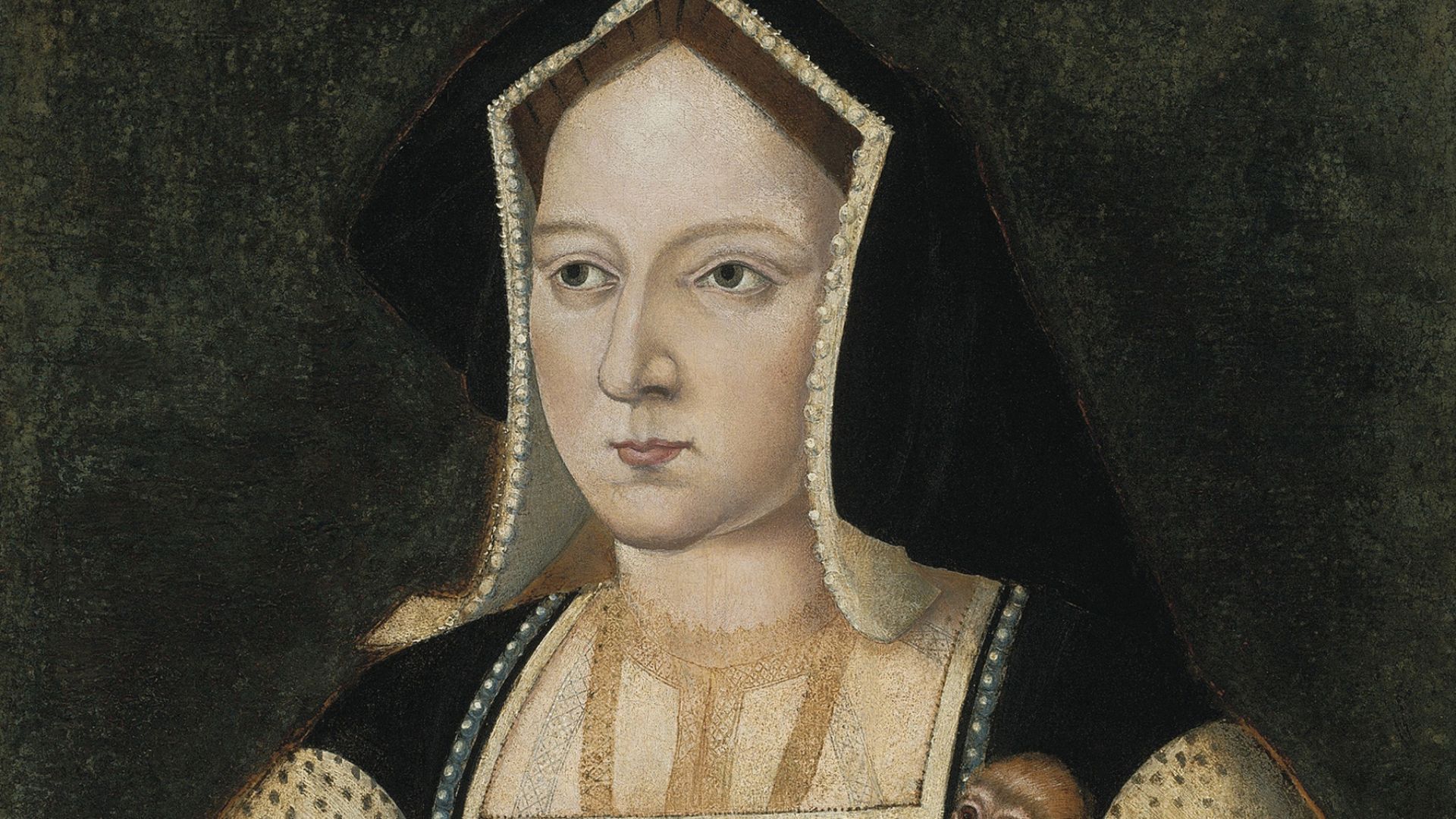 Catherine of Aragon (1485-1536), Queen consort of England (1509-1533).
This is the largest miniature of Henry VIII's first wife. Three other miniatures exist, but two are circular copies of this original; the third is believed to be a companion piece to a