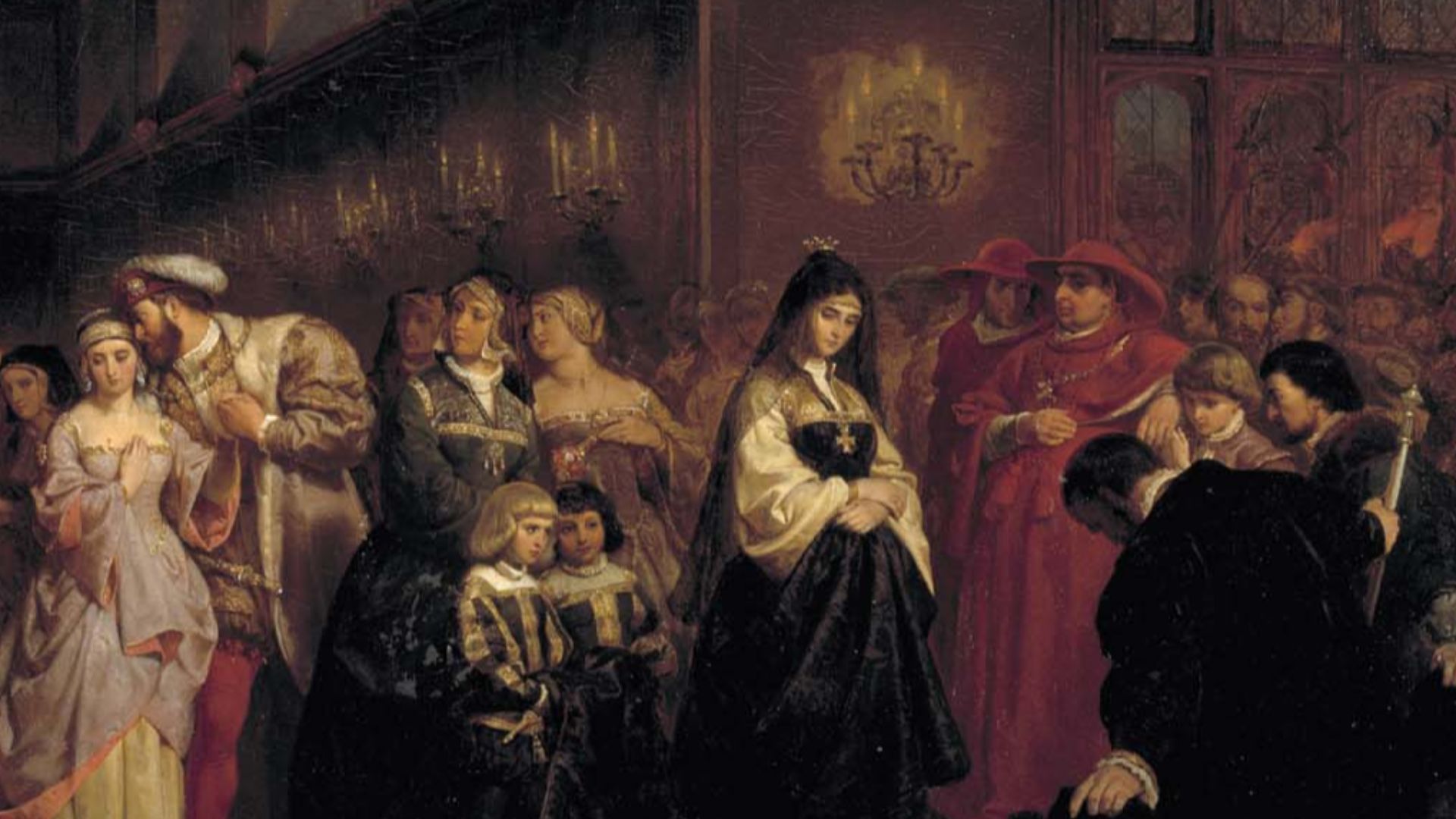 In this painting depicting Henry's court sometime during 1525-1530, the main players of 'The Great Matter' are portrayed. In this large portrait, Henry VIII is seen intimately wooing Anne Boleyn in court behind his wife, Katherine of Aragon.
This painting