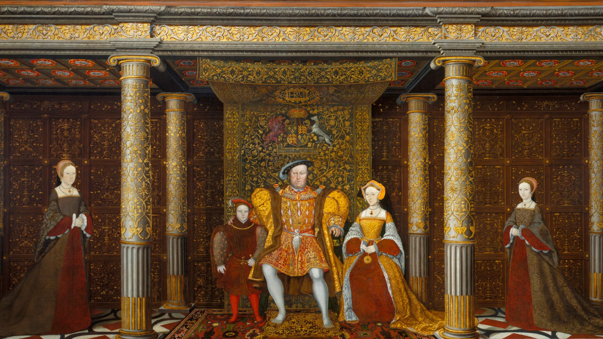 Left to Right: “Mother Jak”, Lady Mary, Prince Edward, Henry VIII, Jane Seymour (posthumous), Lady Elizabeth and Will Somers