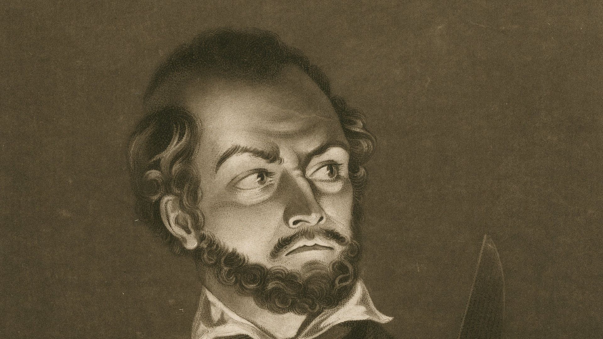 A print of Edmund Kean as Shylock in a early 19th century performance of Shakespeare's Merchant of Venice. Mezzotint by Henry Hoppner Meyer after Walter Henry Watts.
