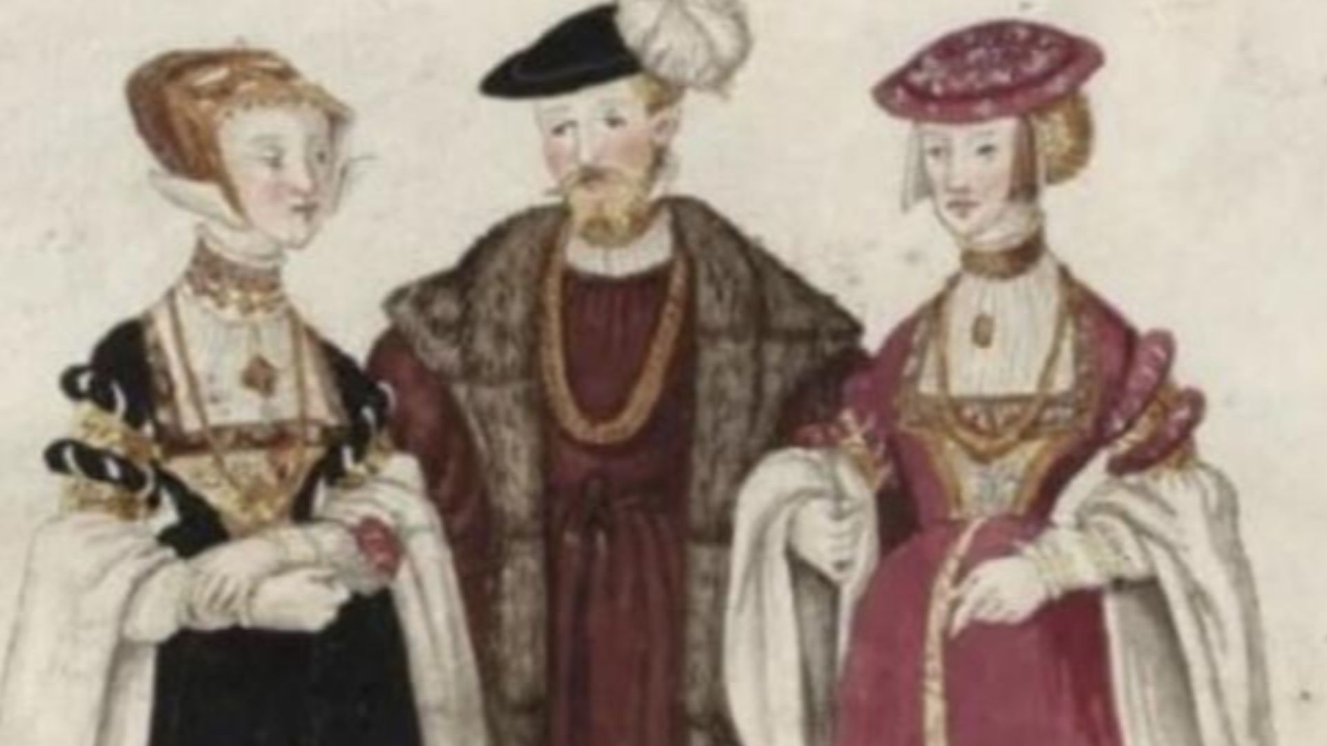 Anne of Cleves (in black) with her siblings Amalia of Cleves (in pink), and William V of Cleves depicted in  the Códice de trajes.