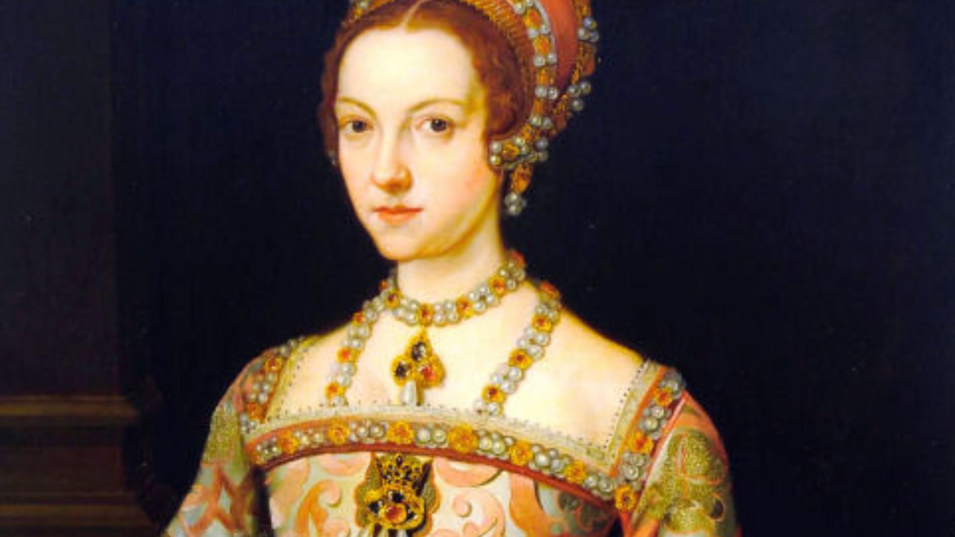 A three-quarter-length portrait, standing, hands clasped in front of her, and wearing a sumptuous brocade dress and jewellery. This is a cut-down seventeeenth or eighteenth copy of a lost portrait once in the Royal Collection and a full-length version, at
