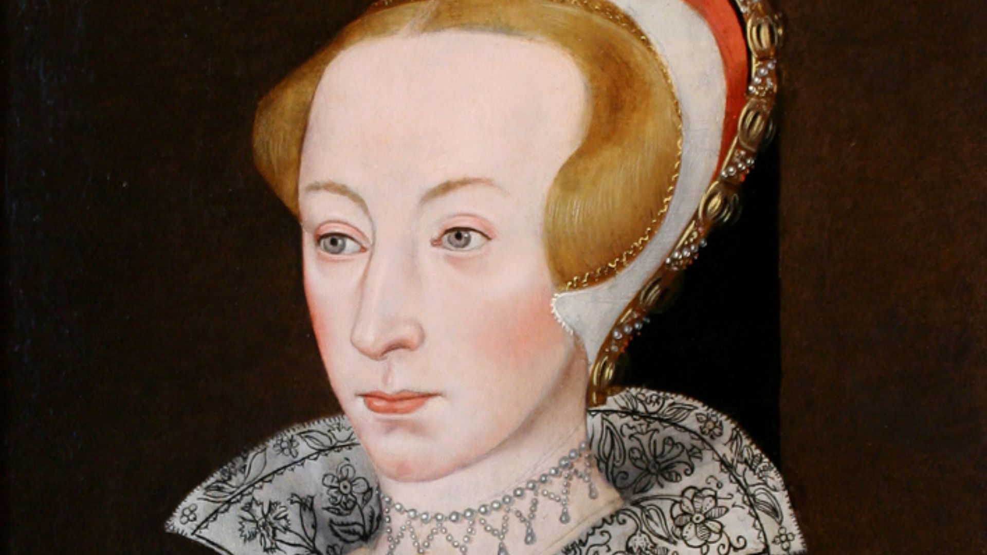 Catherine Parr, 6th wife of King Henry VIII of England. Painting of the English school after a lost portrait after Hans Eworth from c.1548.