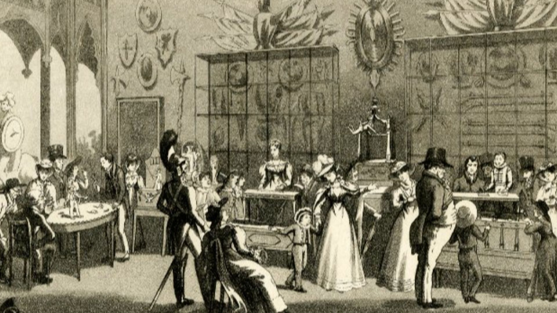 This is a scanned image of a print made by Theodore Lane (1800 - 1828) and published in 1826 by Charles Smith (1800 - 1852). The print depicts the Automaton Exhibition at Gothic Hall in Haymarket section of London. The scan of recto type was presumably do